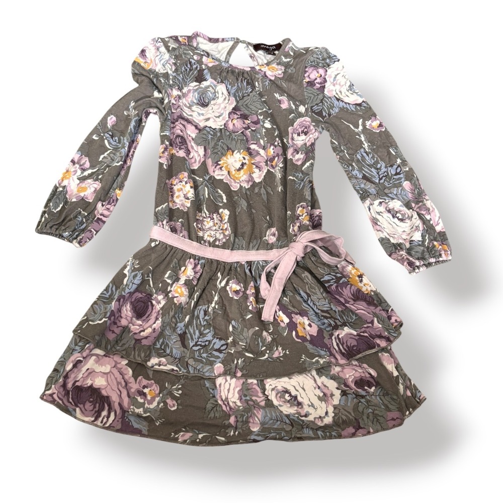 Imoga Phoebe Girls Floral Long Sleeve Tiered Knit Belted Dress Gray Purple 3